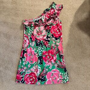 Lilly Pulitzer Sandra Dress Size Medium green and pink Ruffled One Shoulder
